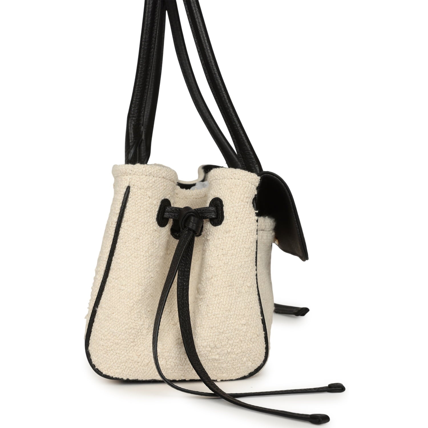 Small "Urban Essential" East West Shopping Tote Black Calfskin and White Tweed Boucle Gold Hardware