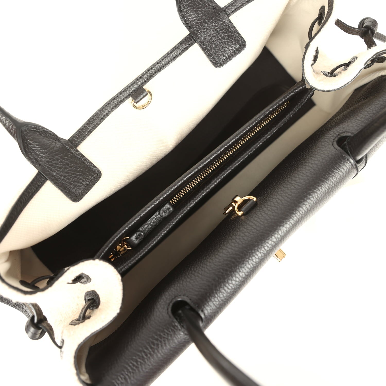 Small "Urban Essential" East West Shopping Tote Black Calfskin and White Tweed Boucle Gold Hardware