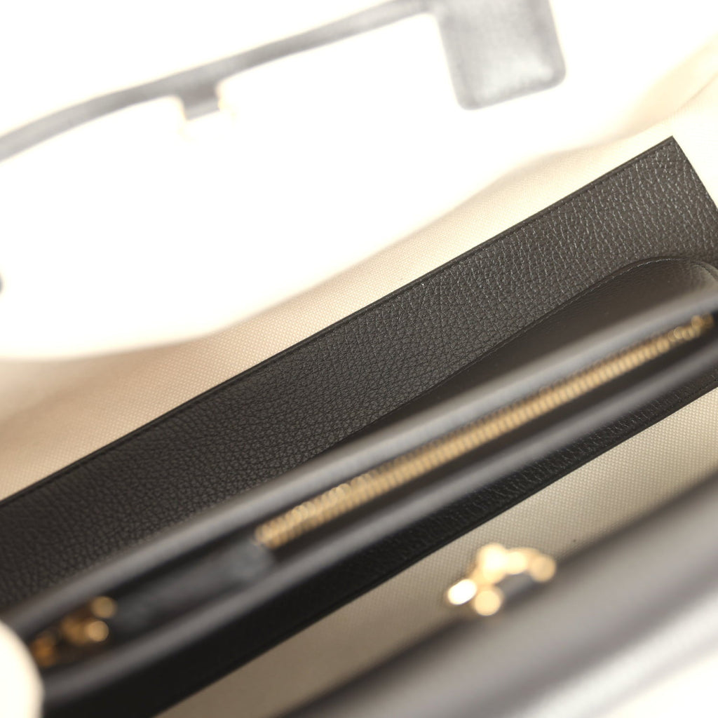 Small "Urban Essential" East West Shopping Tote Black Calfskin and White Tweed Boucle Gold Hardware
