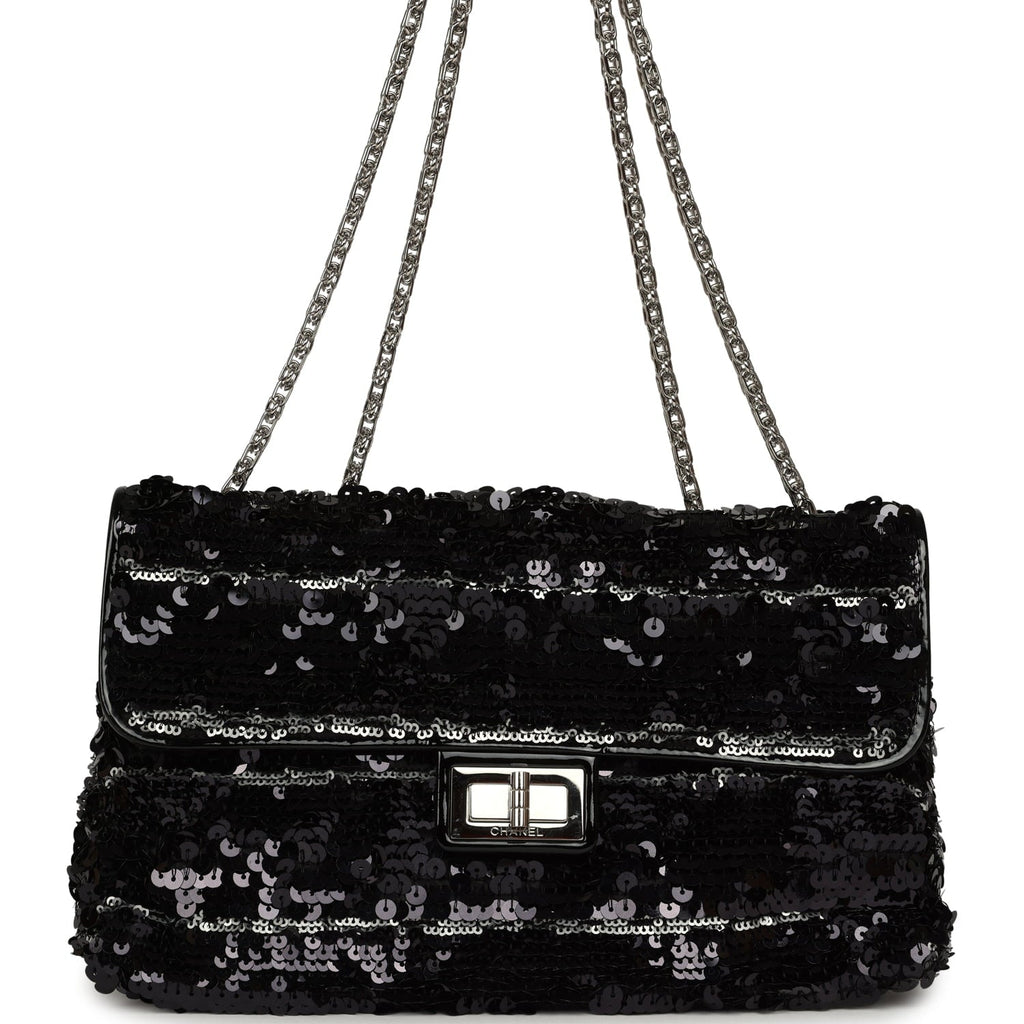 Medium Striped Reissue Flap Bag Black, Silver Sequin and Patent Silver Hardware