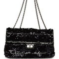 Medium Striped Reissue Flap Bag Black, Silver Sequin and Patent Silver Hardware