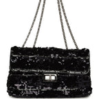 Medium Striped Reissue Flap Bag Black, Silver Sequin and Patent Silver Hardware