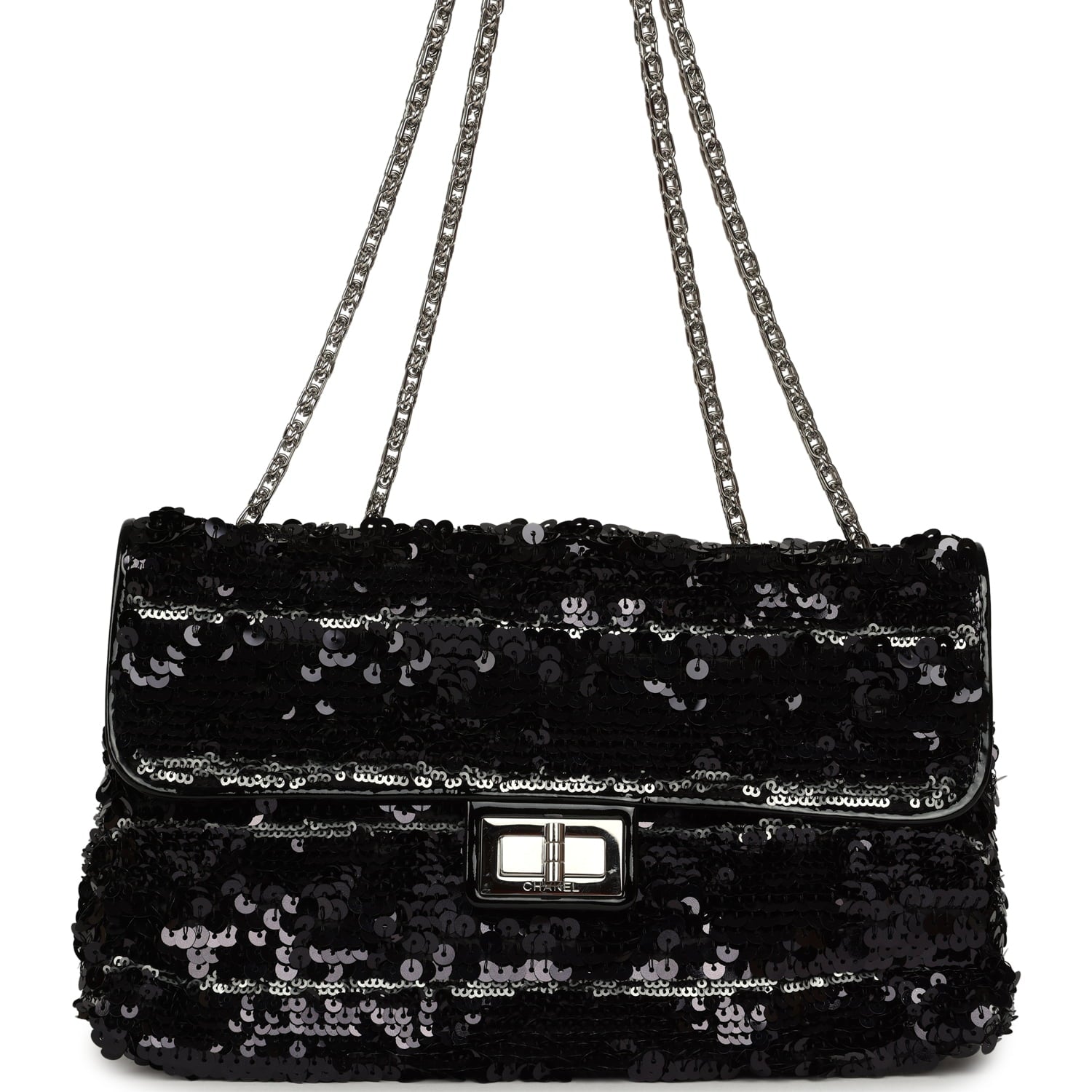 Medium Striped Reissue Flap Bag Black, Silver Sequin and Patent Silver Hardware
