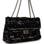 Medium Striped Reissue Flap Bag Black, Silver Sequin and Patent Silver Hardware