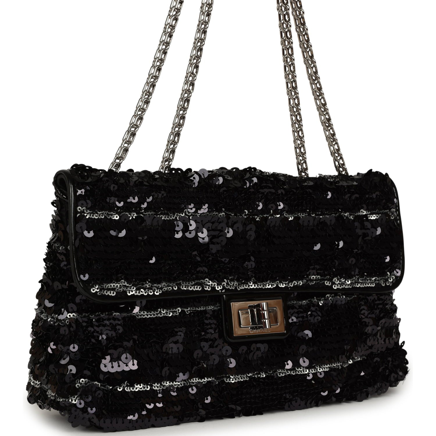 Medium Striped Reissue Flap Bag Black, Silver Sequin and Patent Silver Hardware