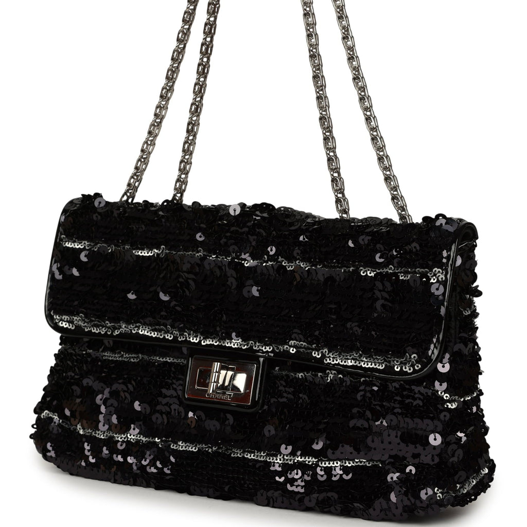 Medium Striped Reissue Flap Bag Black, Silver Sequin and Patent Silver Hardware