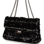 Medium Striped Reissue Flap Bag Black, Silver Sequin and Patent Silver Hardware