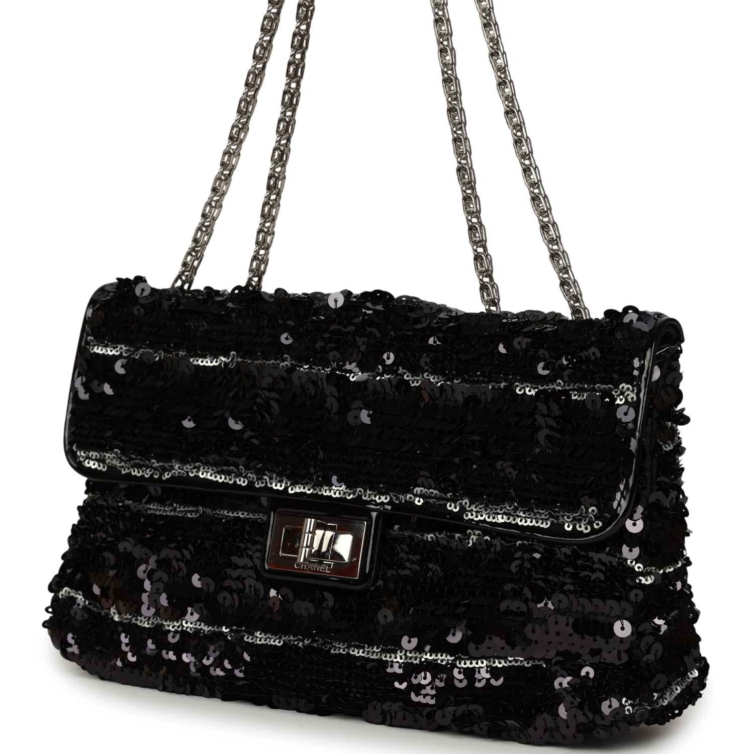 Medium Striped Reissue Flap Bag Black, Silver Sequin and Patent Silver Hardware