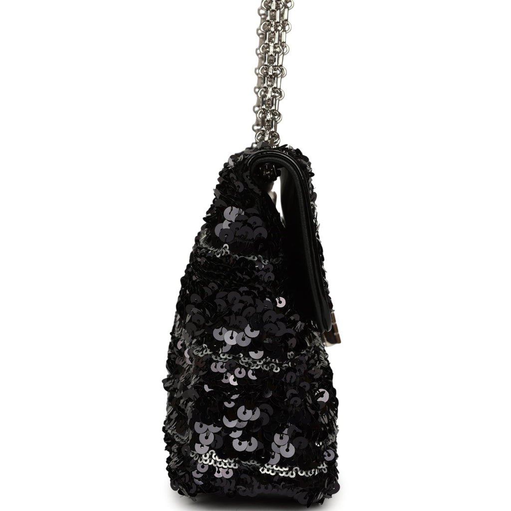 Medium Striped Reissue Flap Bag Black, Silver Sequin and Patent Silver Hardware