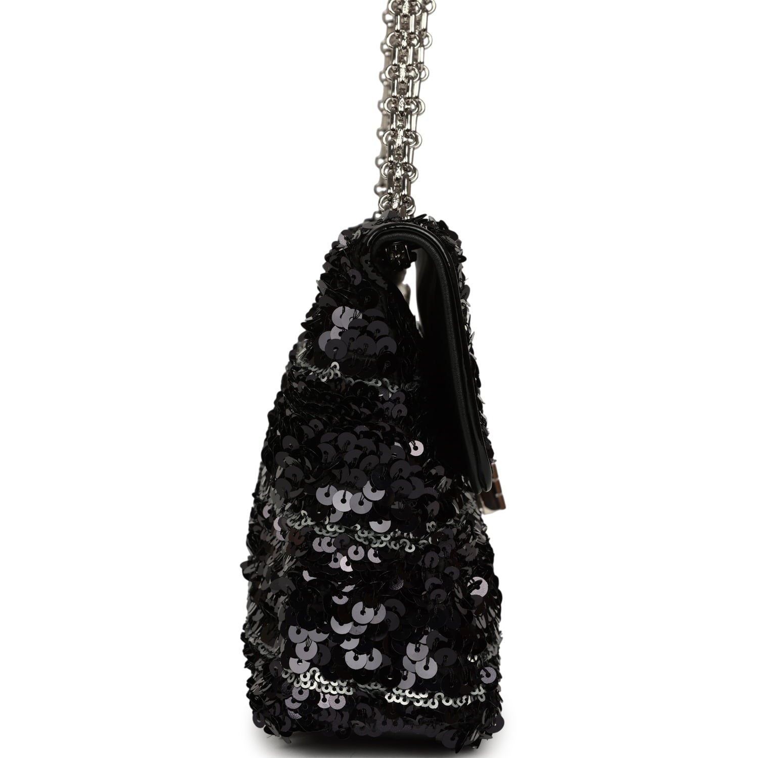 Medium Striped Reissue Flap Bag Black, Silver Sequin and Patent Silver Hardware