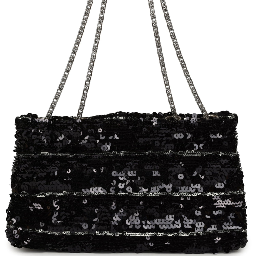 Medium Striped Reissue Flap Bag Black, Silver Sequin and Patent Silver Hardware