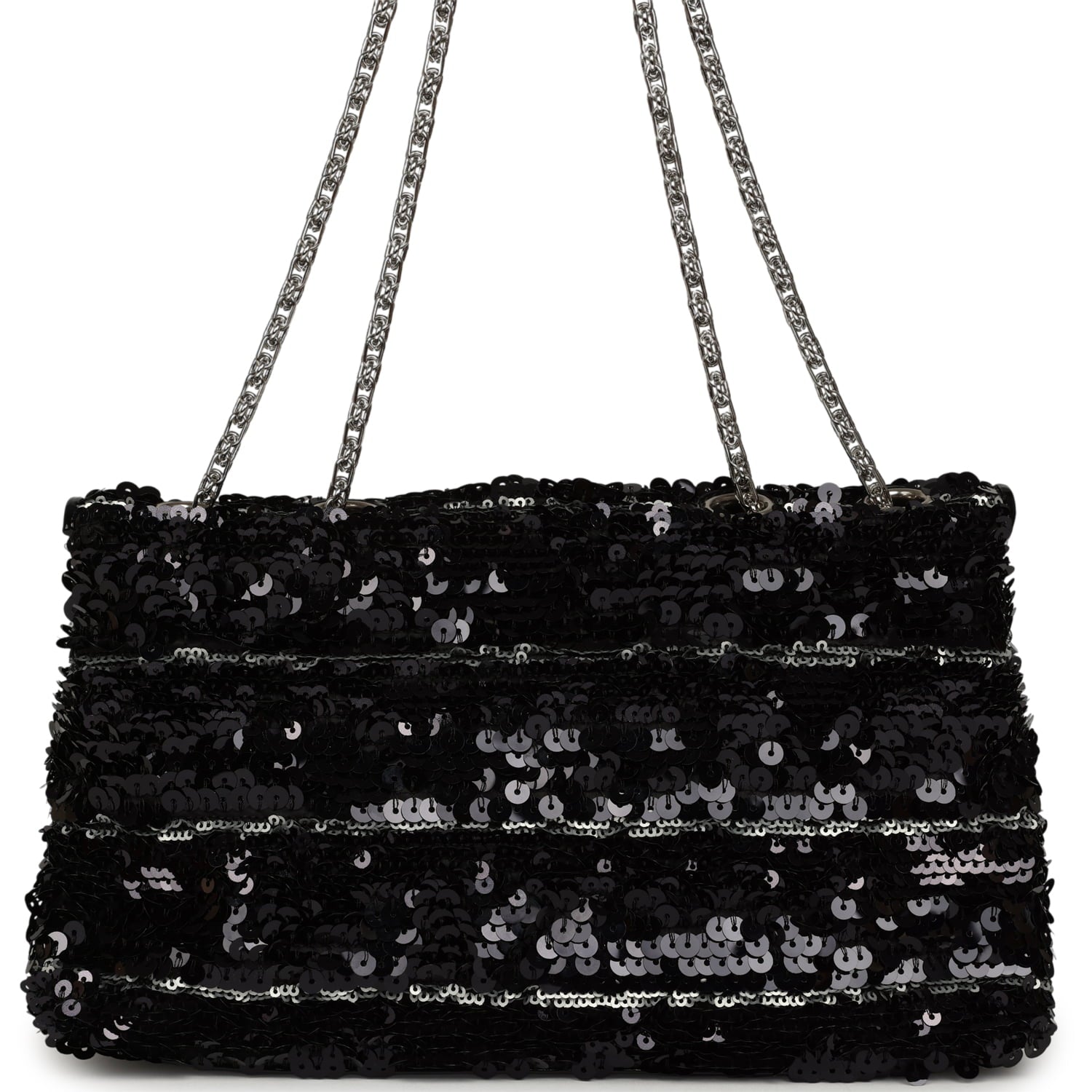 Medium Striped Reissue Flap Bag Black, Silver Sequin and Patent Silver Hardware