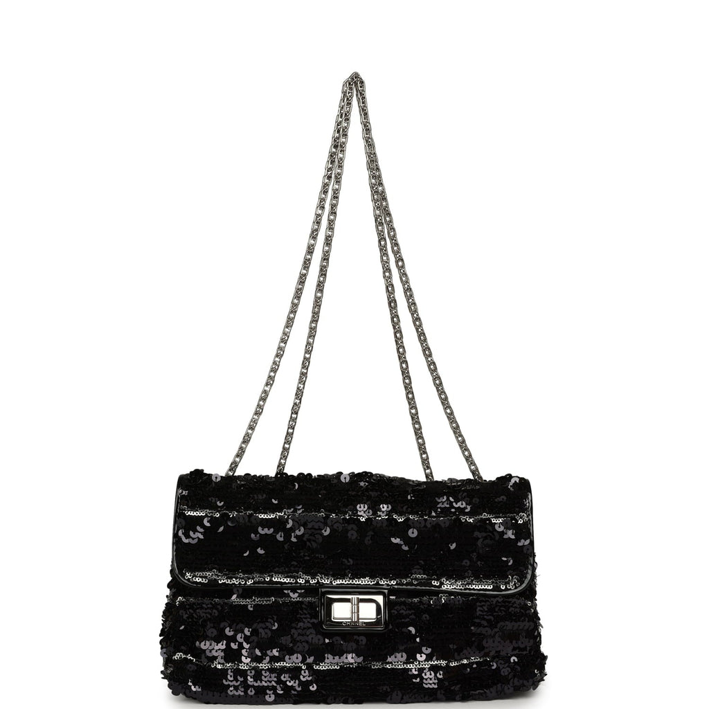 Medium Striped Reissue Flap Bag Black, Silver Sequin and Patent Silver Hardware