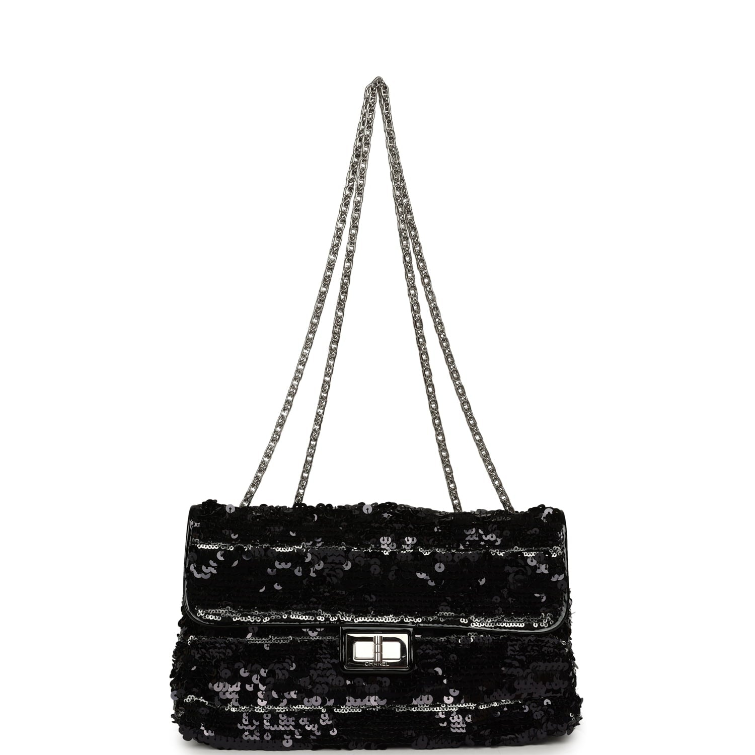 Medium Striped Reissue Flap Bag Black, Silver Sequin and Patent Silver Hardware