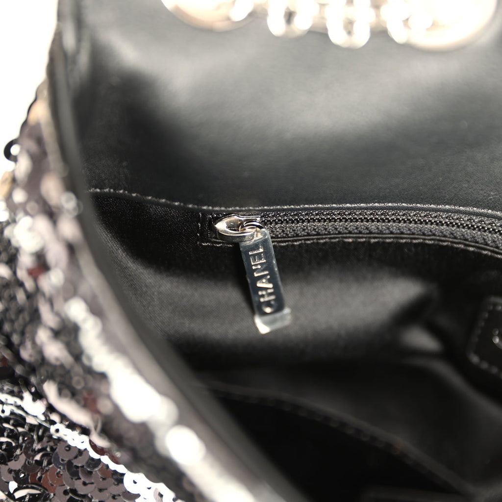 Medium Striped Reissue Flap Bag Black, Silver Sequin and Patent Silver Hardware