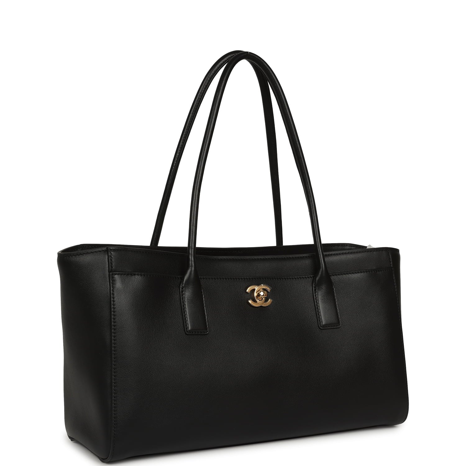 Small Cerf Shopping Bag Black Calfskin Gold Hardware