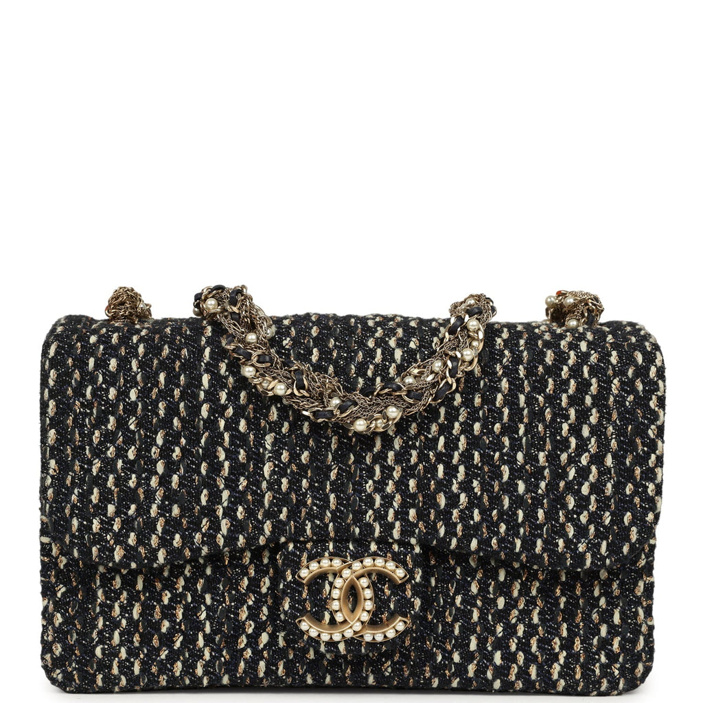 Small Westminster Pearl Flap Bag Black, Gold, White Tweed Brushed Gold Hardware