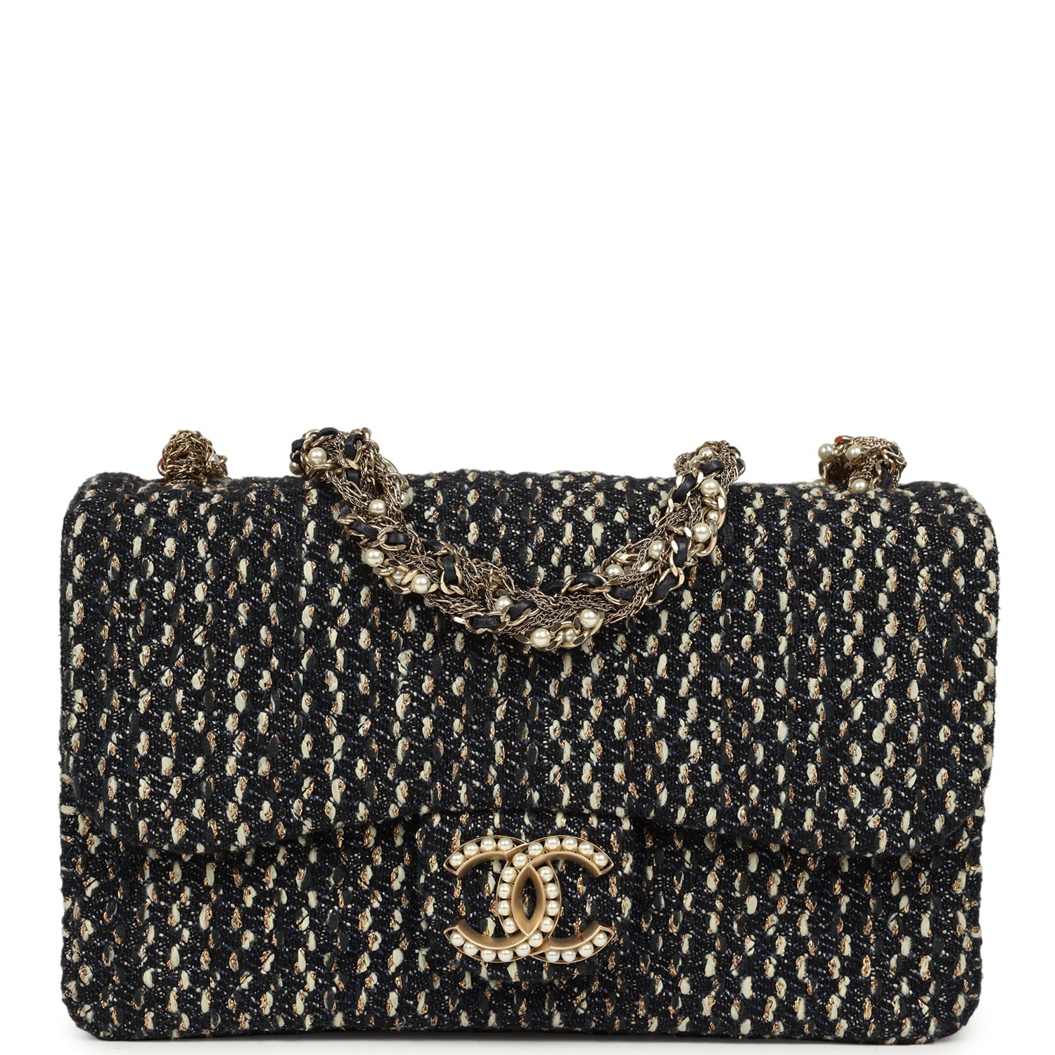 Small Westminster Pearl Flap Bag Black, Gold, White Tweed Brushed Gold Hardware
