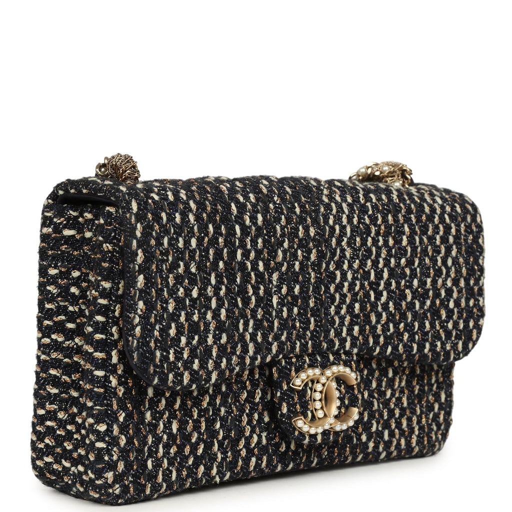 Small Westminster Pearl Flap Bag Black, Gold, White Tweed Brushed Gold Hardware