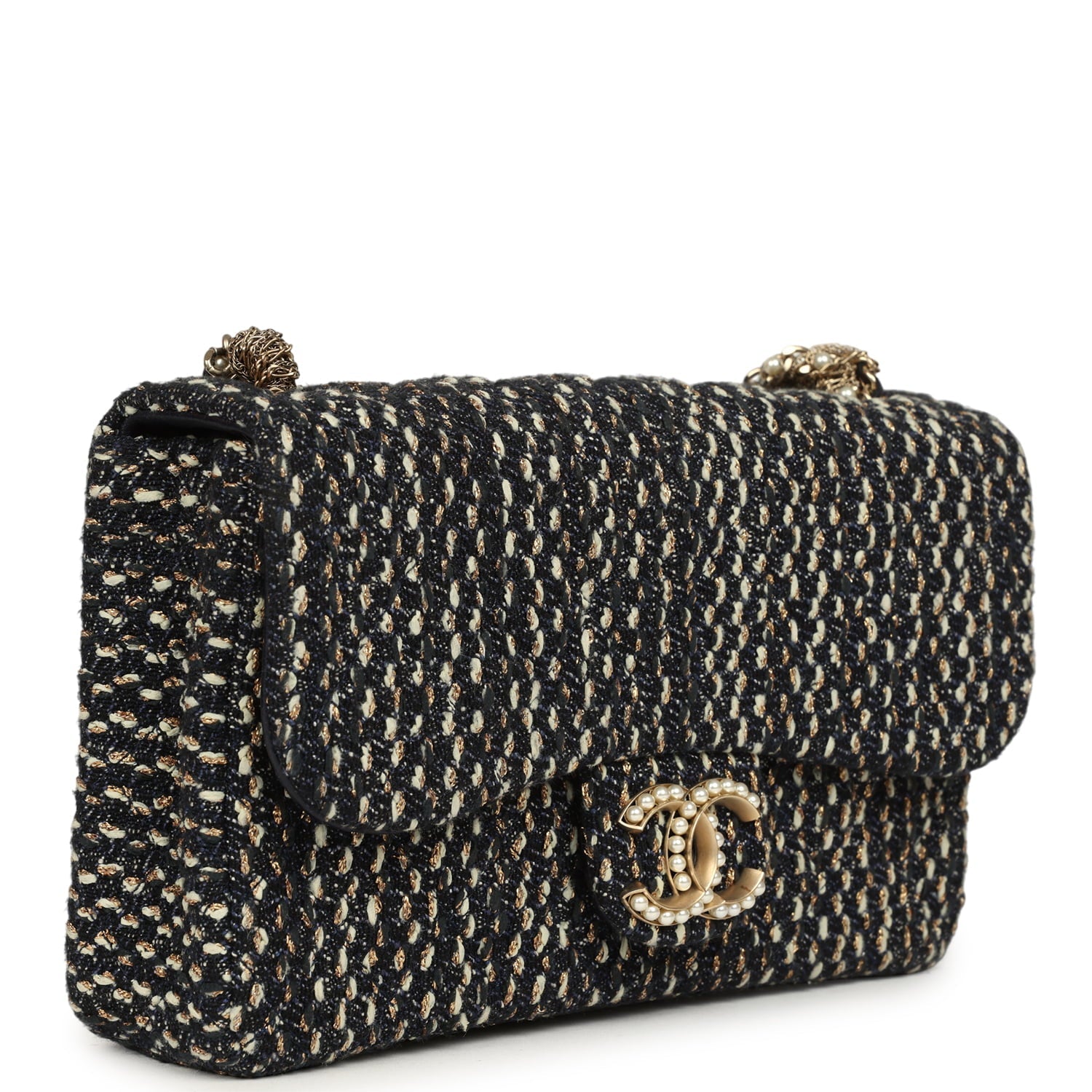 Small Westminster Pearl Flap Bag Black, Gold, White Tweed Brushed Gold Hardware