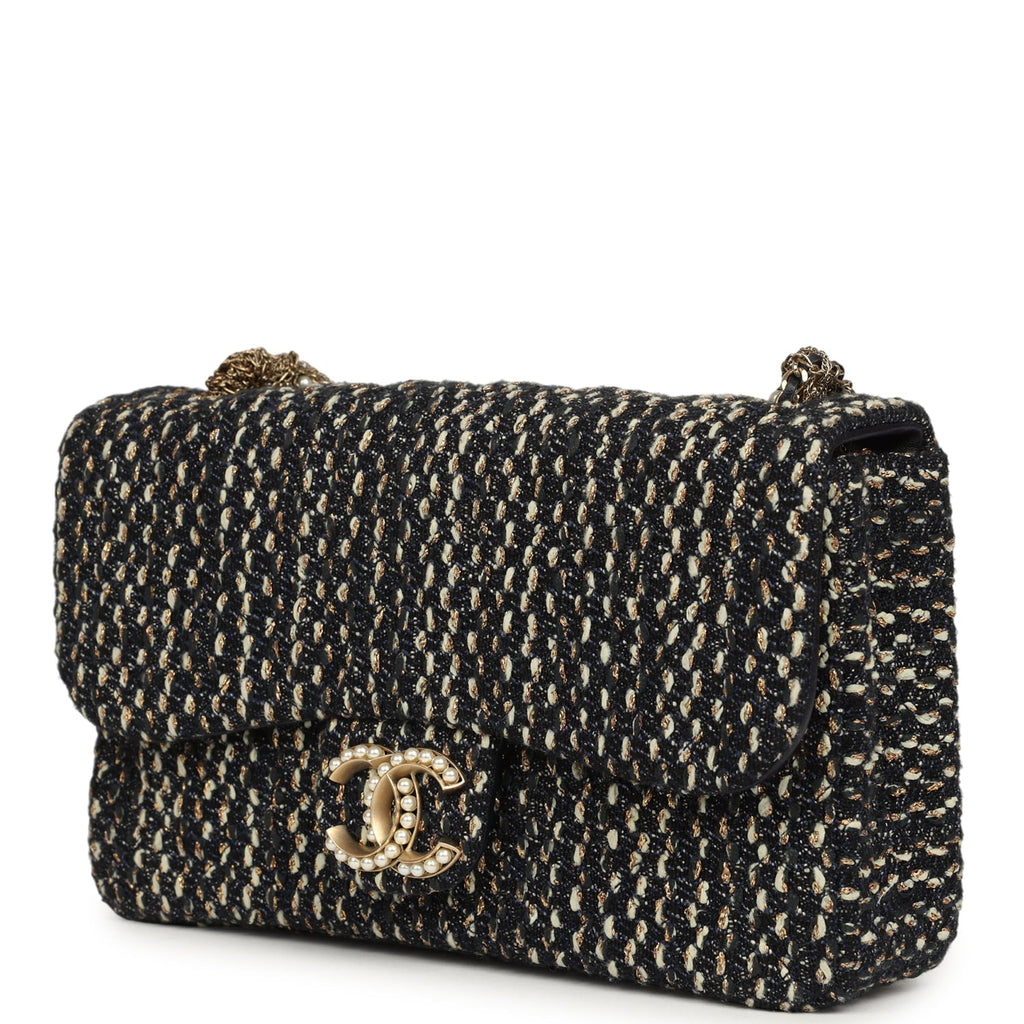 Small Westminster Pearl Flap Bag Black, Gold, White Tweed Brushed Gold Hardware