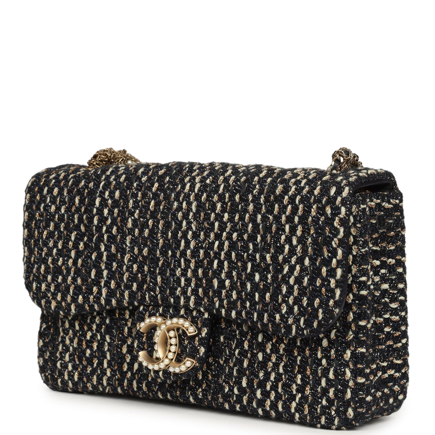 Small Westminster Pearl Flap Bag Black, Gold, White Tweed Brushed Gold Hardware