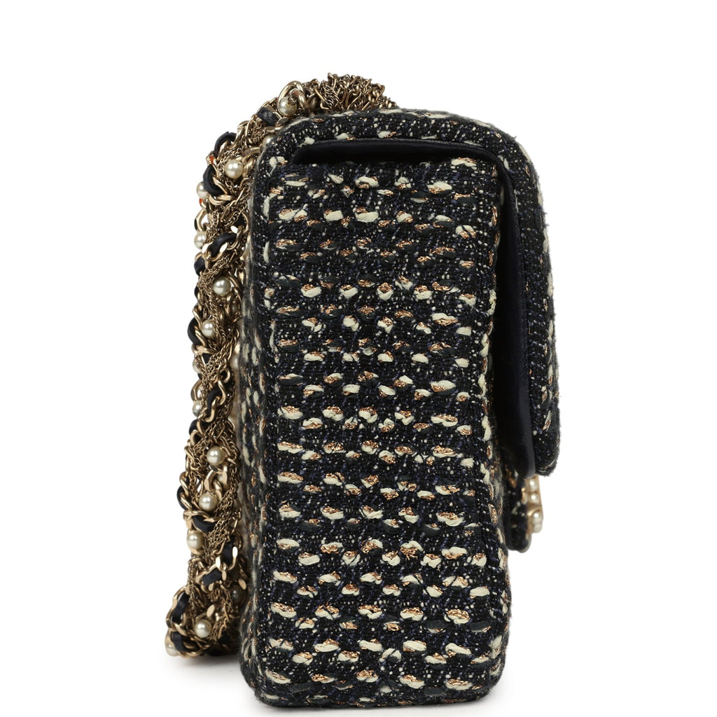 Small Westminster Pearl Flap Bag Black, Gold, White Tweed Brushed Gold Hardware
