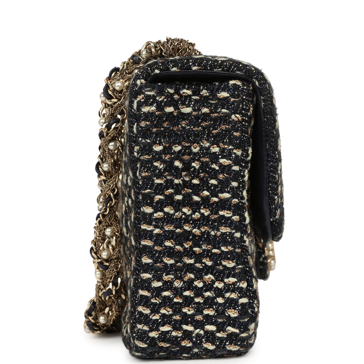 Small Westminster Pearl Flap Bag Black, Gold, White Tweed Brushed Gold Hardware