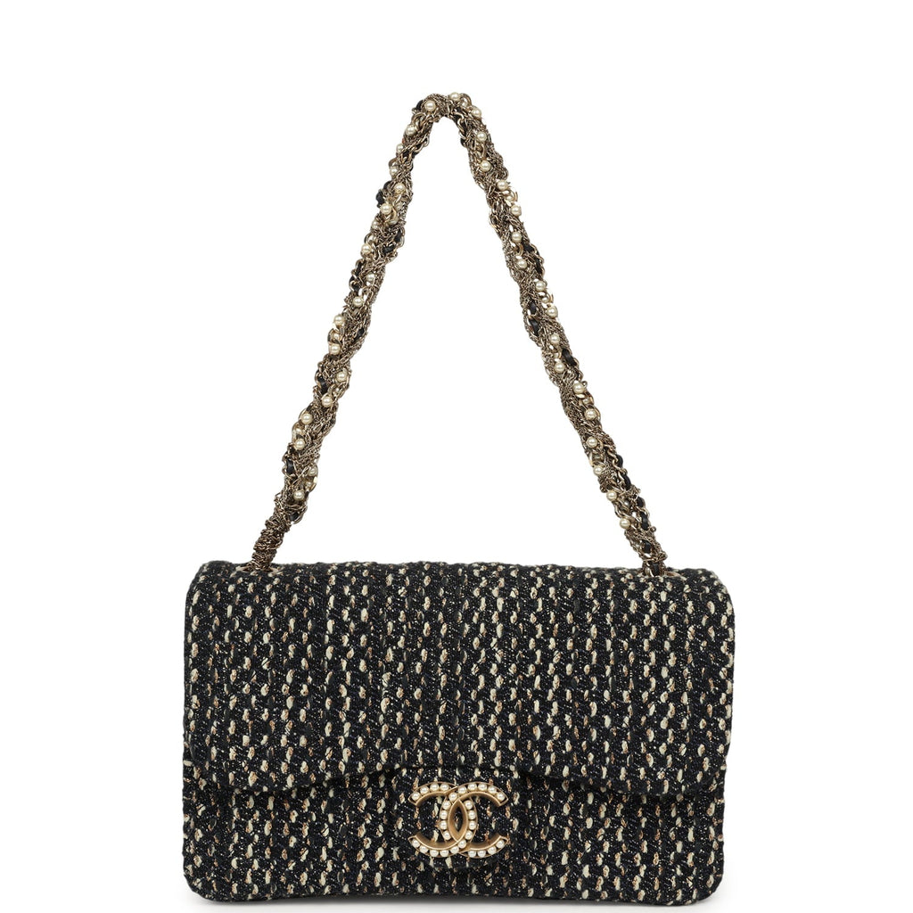 Small Westminster Pearl Flap Bag Black, Gold, White Tweed Brushed Gold Hardware