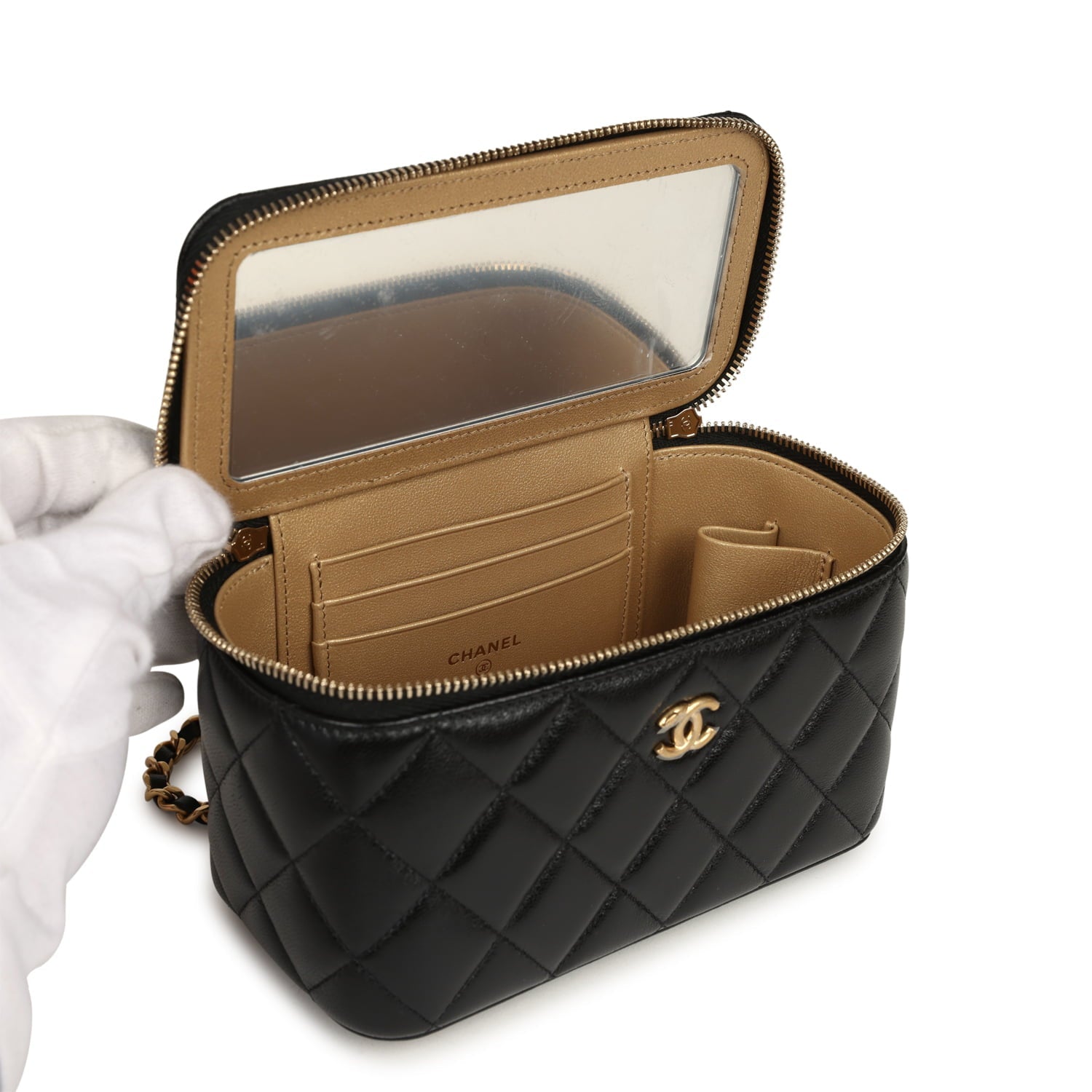Small Pearl Crush Vanity Case Black Lambskin Brushed Gold Hardware