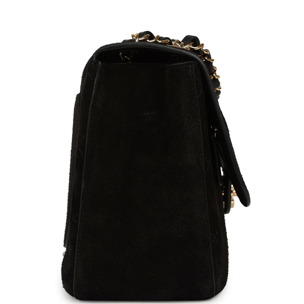 Maxi "Souplissimo" Small Flap Bag Black Suede Gold Hardware