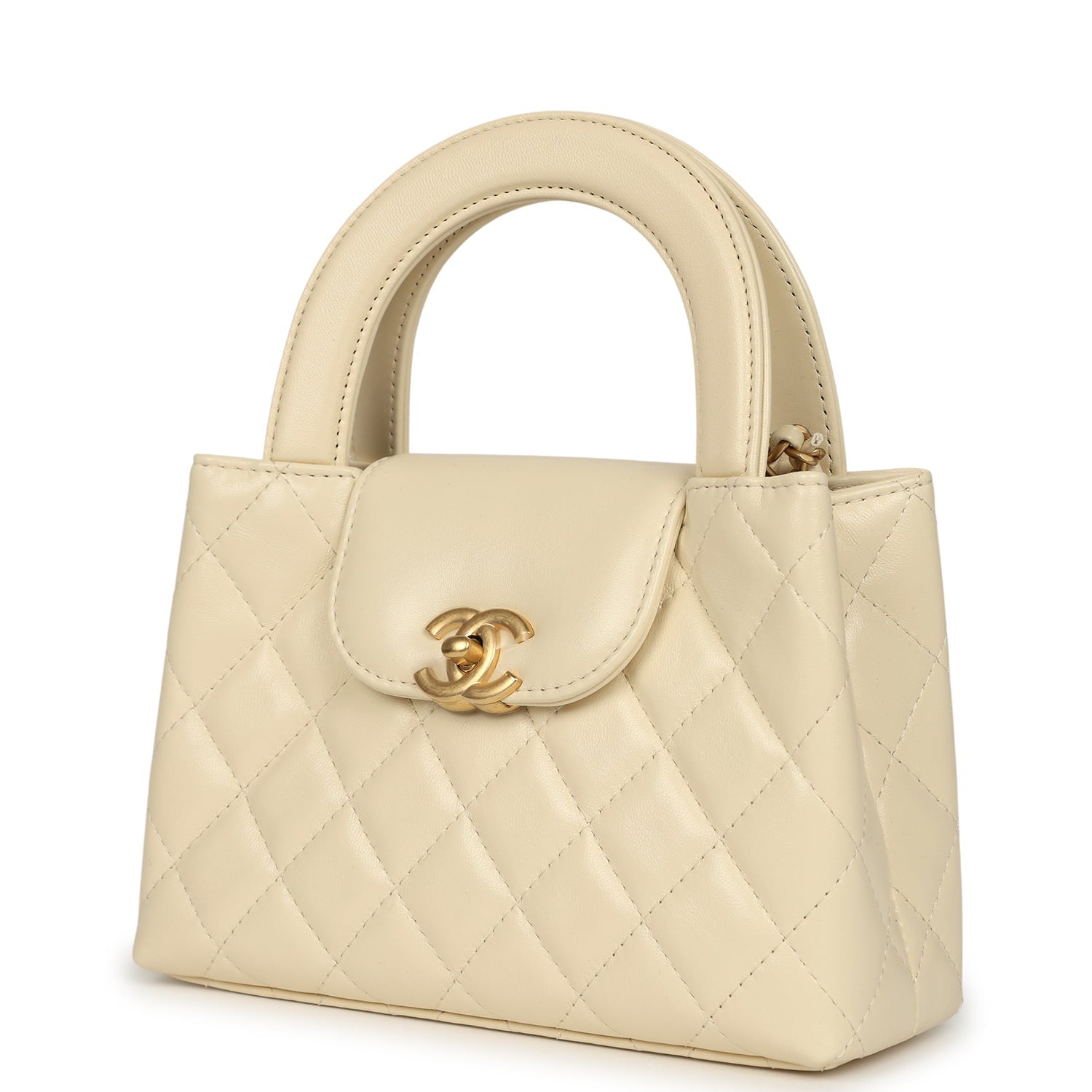Small Kelly Shopper Light Beige Shiny Aged Calfskin Brushed Gold Hardware