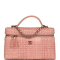 Top Handle Long Vanity Case with Chain Light Pink Braided Raffia Light Gold Hardware