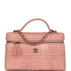 Top Handle Long Vanity Case with Chain Light Pink Braided Raffia Light Gold Hardware