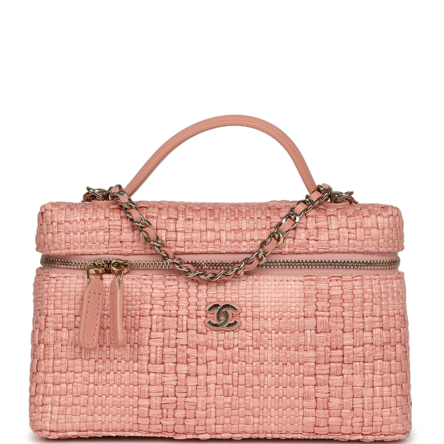 Top Handle Long Vanity Case with Chain Light Pink Braided Raffia Light Gold Hardware