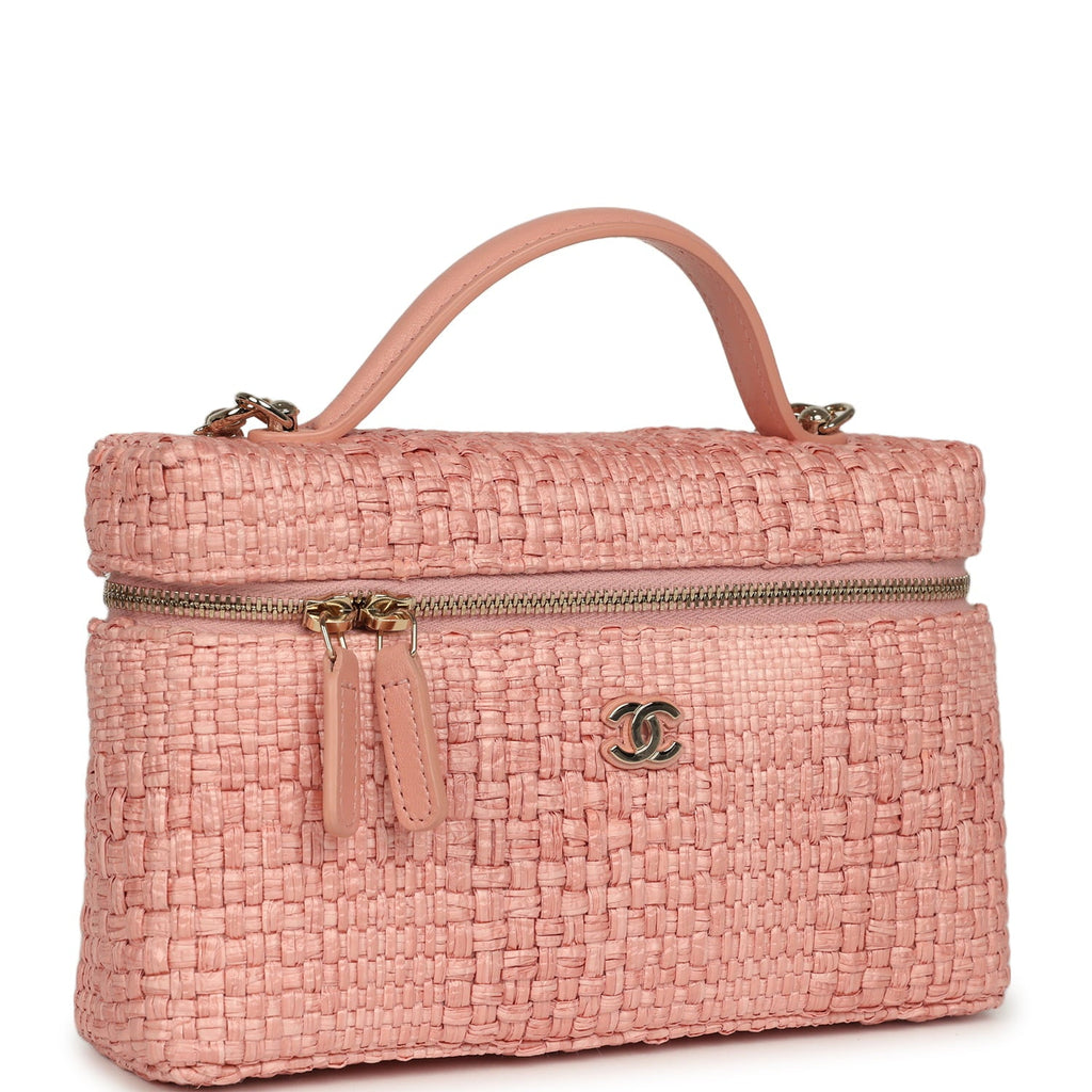 Top Handle Long Vanity Case with Chain Light Pink Braided Raffia Light Gold Hardware