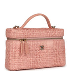 Top Handle Long Vanity Case with Chain Light Pink Braided Raffia Light Gold Hardware