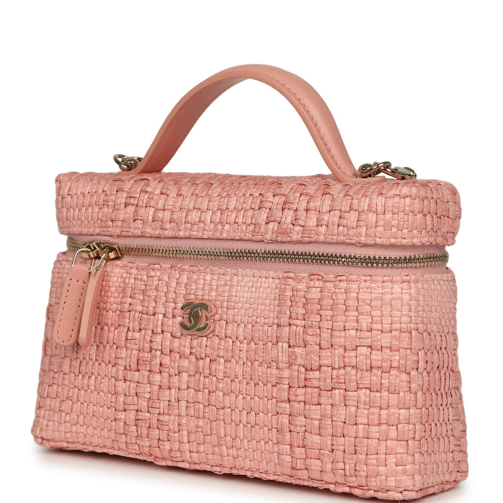 Top Handle Long Vanity Case with Chain Light Pink Braided Raffia Light Gold Hardware