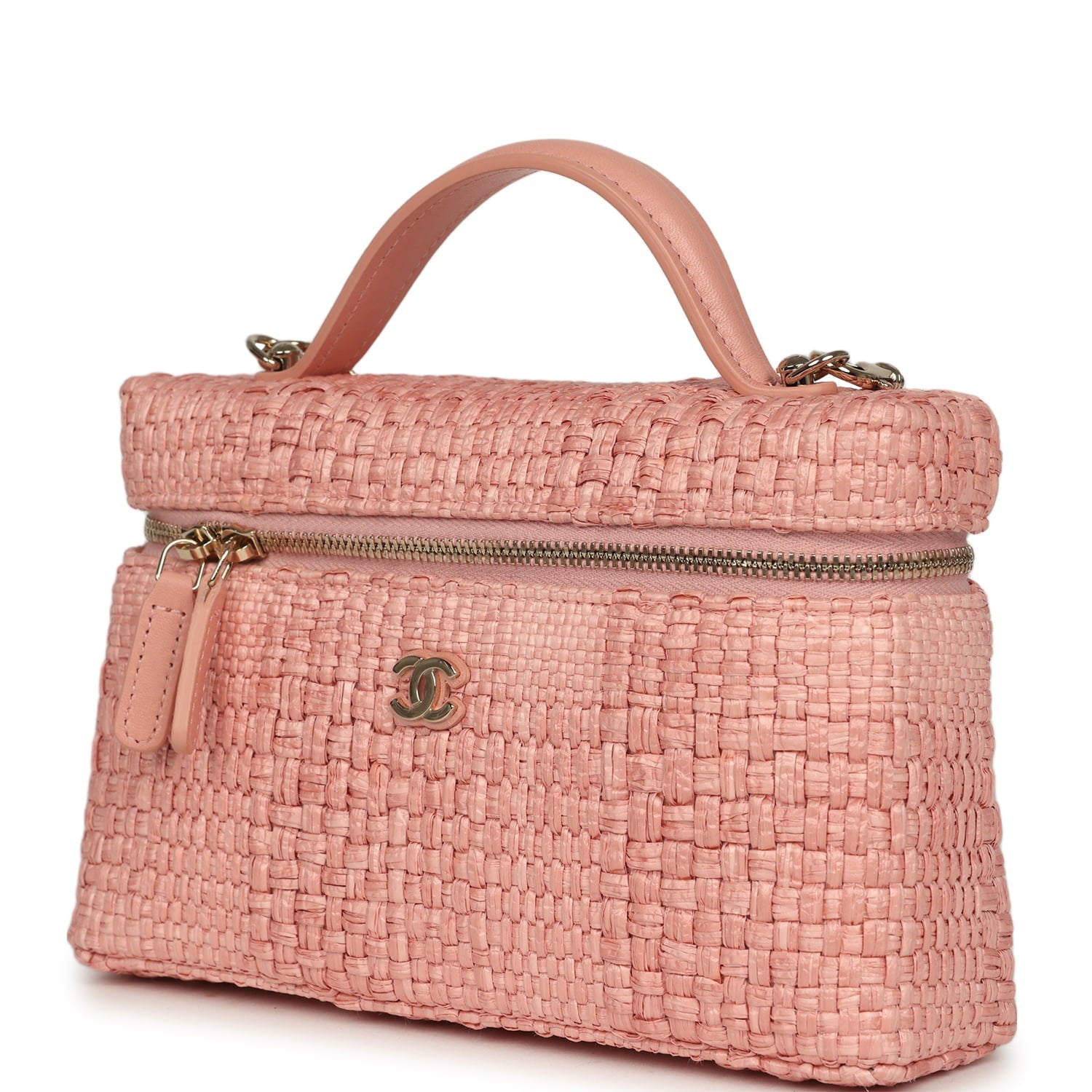 Top Handle Long Vanity Case with Chain Light Pink Braided Raffia Light Gold Hardware