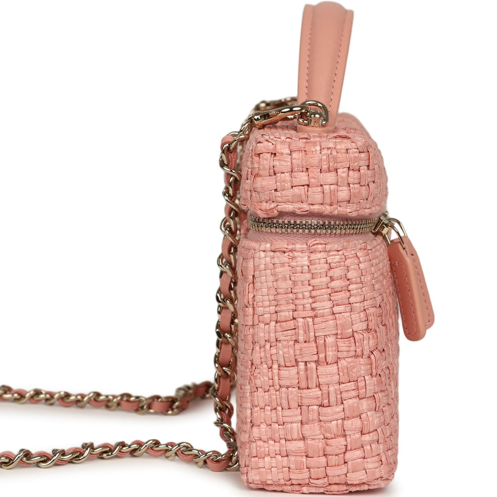 Top Handle Long Vanity Case with Chain Light Pink Braided Raffia Light Gold Hardware