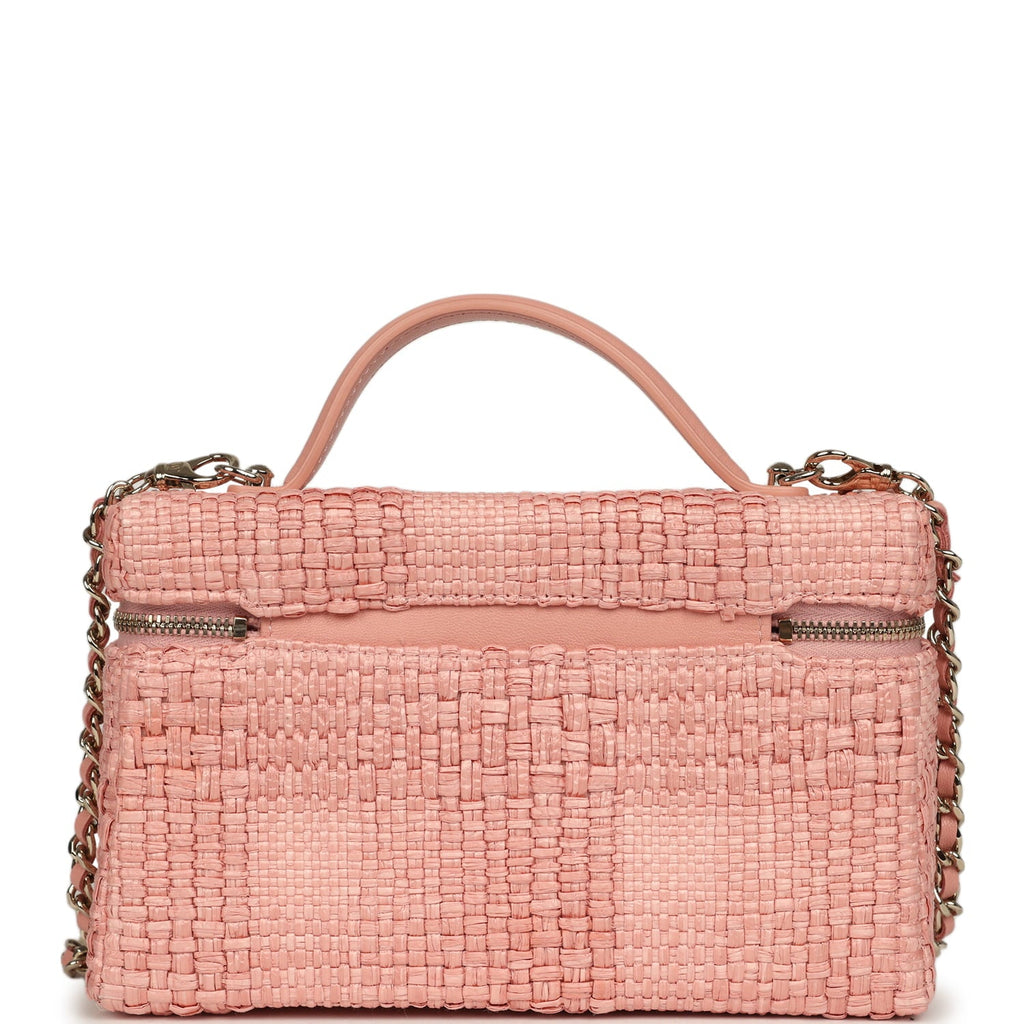 Top Handle Long Vanity Case with Chain Light Pink Braided Raffia Light Gold Hardware
