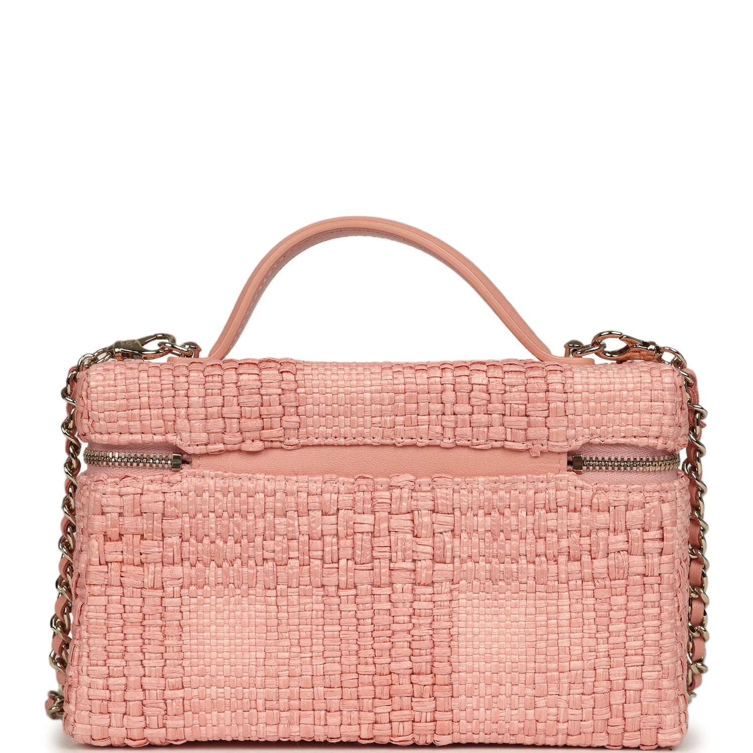 Top Handle Long Vanity Case with Chain Light Pink Braided Raffia Light Gold Hardware
