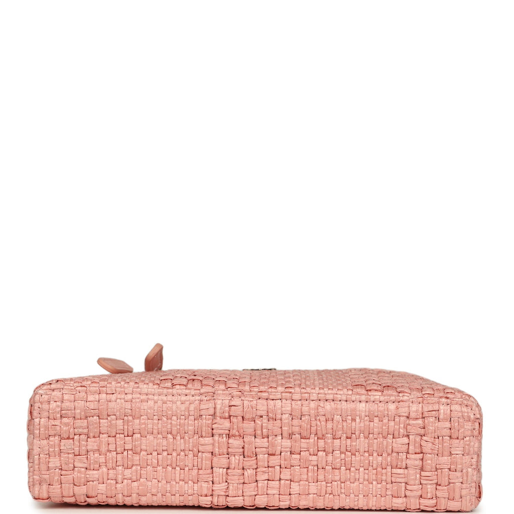 Top Handle Long Vanity Case with Chain Light Pink Braided Raffia Light Gold Hardware
