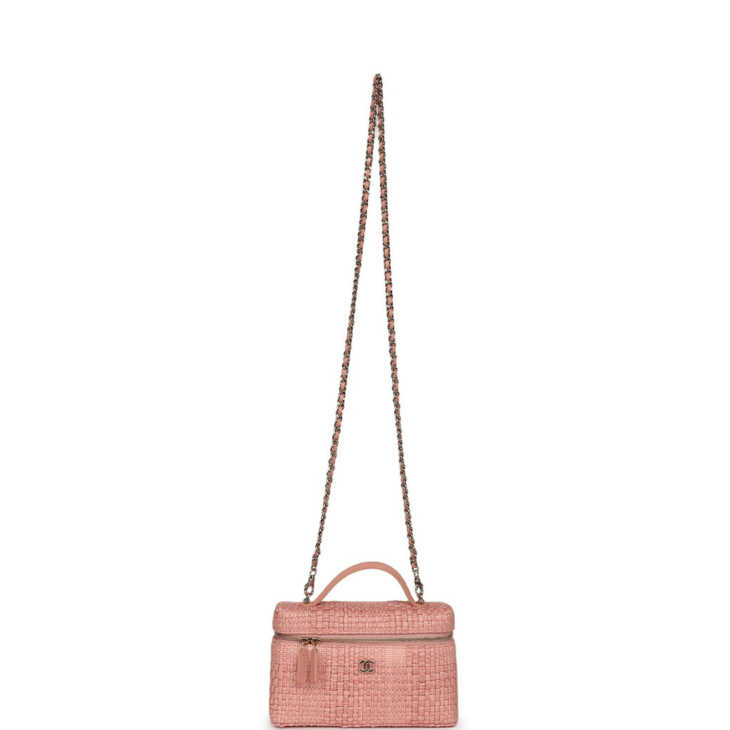 Top Handle Long Vanity Case with Chain Light Pink Braided Raffia Light Gold Hardware