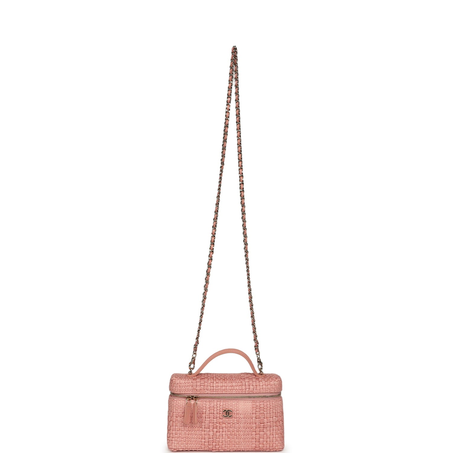 Top Handle Long Vanity Case with Chain Light Pink Braided Raffia Light Gold Hardware