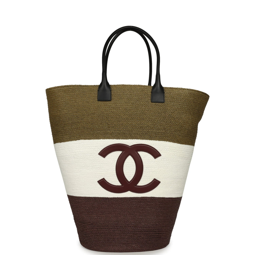 Maxi Coco Beach Large Shopping Bag Khaki, White, Brown Raffia and Black Calfskin
