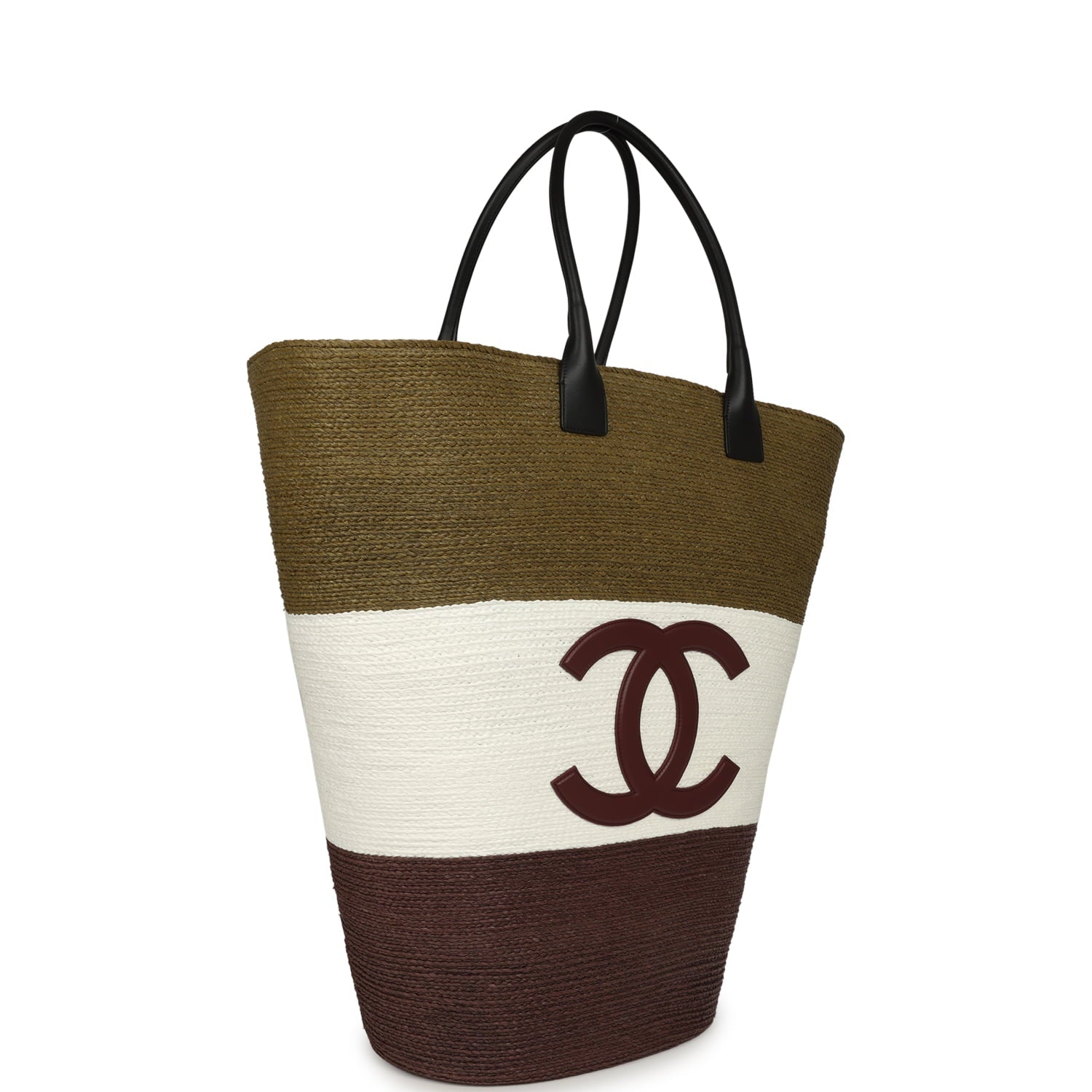 Maxi Coco Beach Large Shopping Bag Khaki, White, Brown Raffia and Black Calfskin