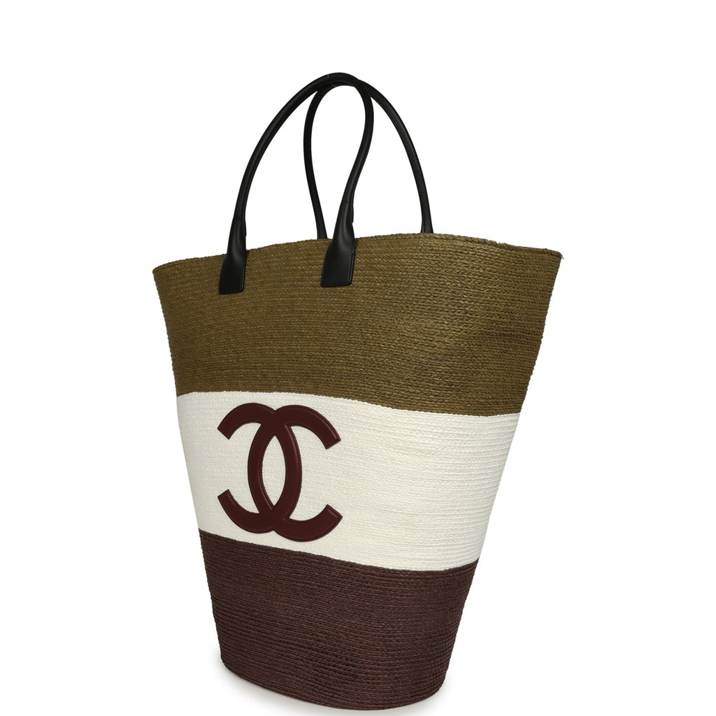 Maxi Coco Beach Large Shopping Bag Khaki, White, Brown Raffia and Black Calfskin