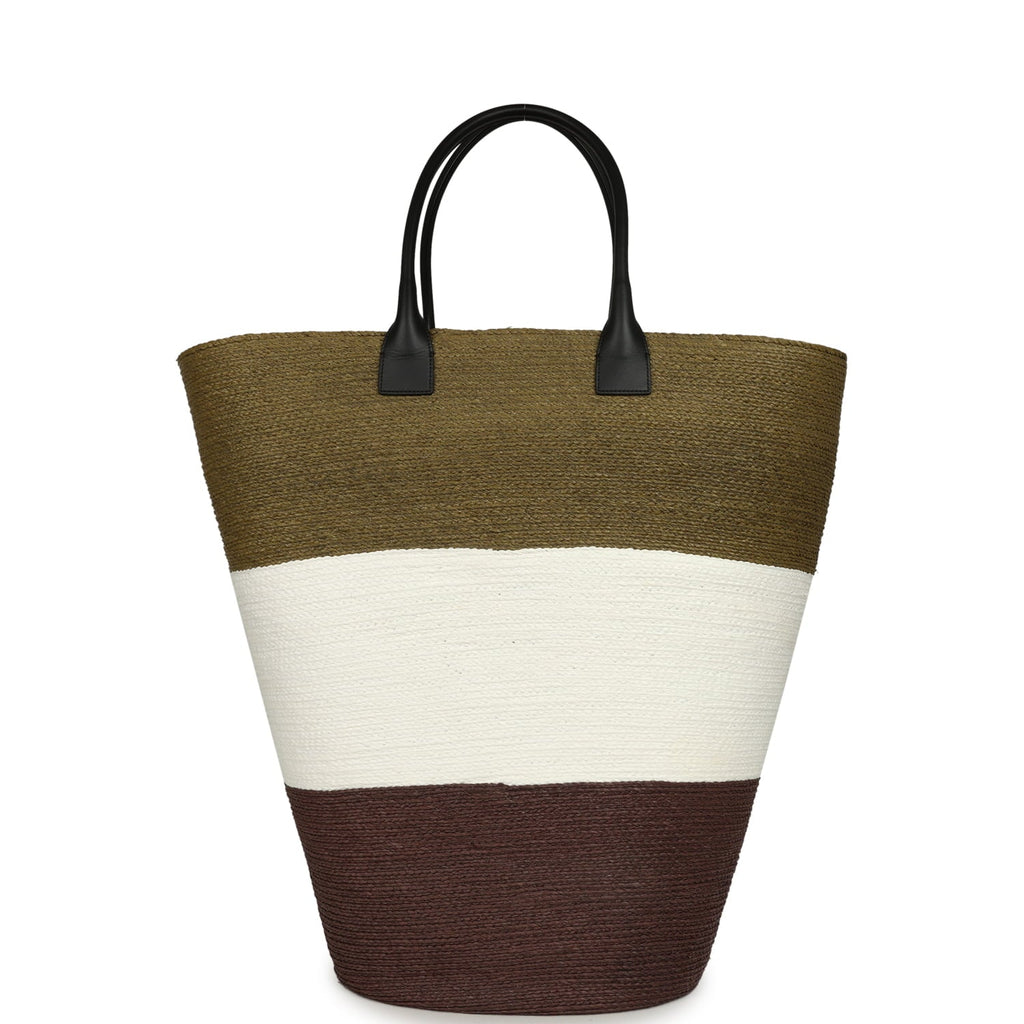 Maxi Coco Beach Large Shopping Bag Khaki, White, Brown Raffia and Black Calfskin
