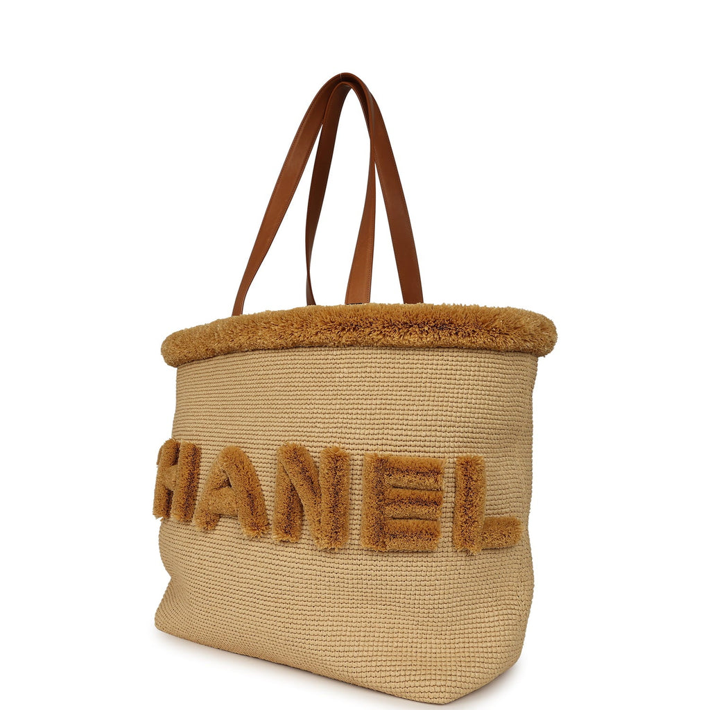 Coco Beach Maxi Shopping Tote Light Beige Raffia and Calfskin Gold Hardware
